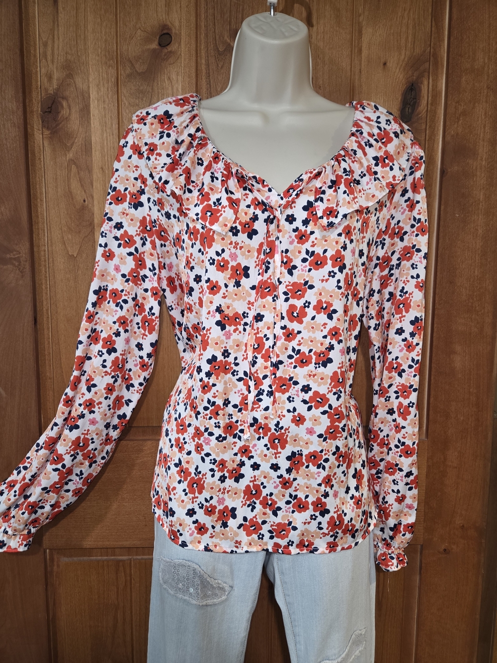 croft & barrow Coral, Navy & Blush‎ Floral Ruffle-Neck Blouse